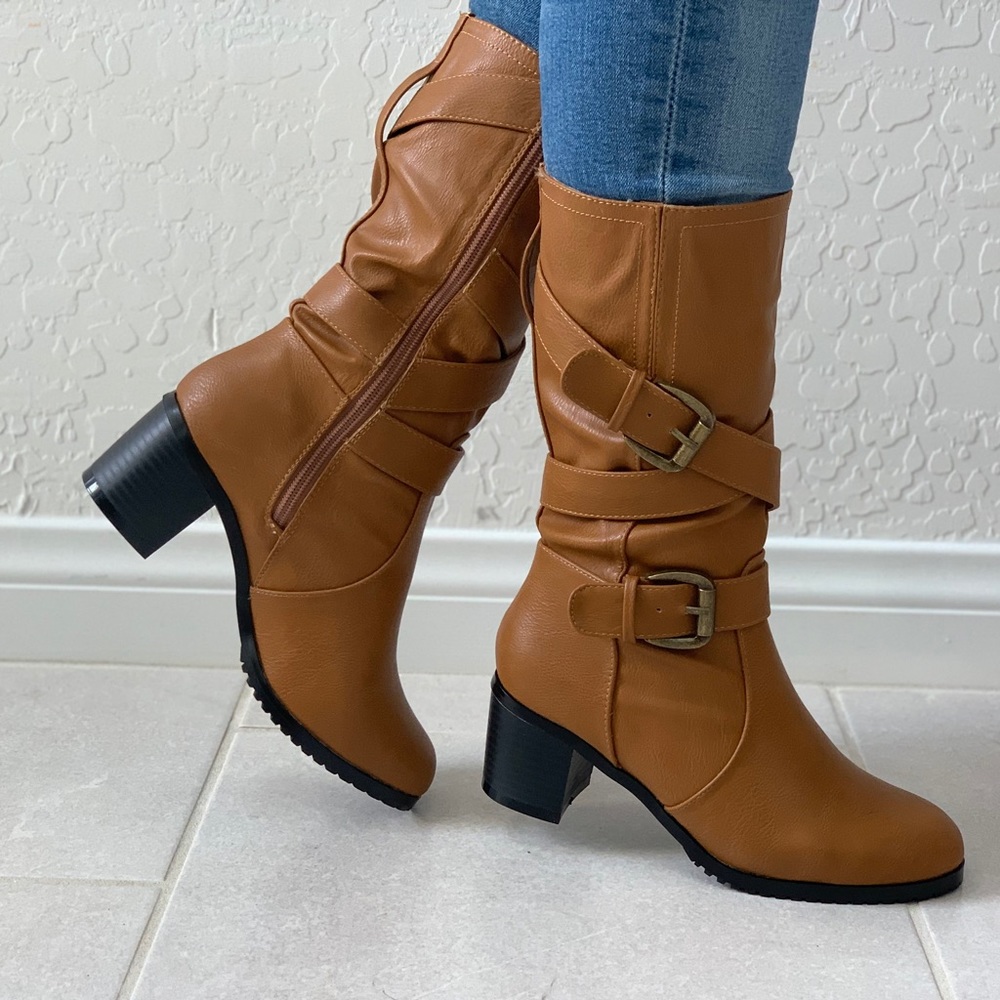 NIB Kitten Chunky Heel Buckle Wrap Mid Calf Boots - Picture 7 of 7